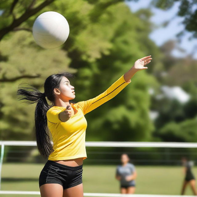 A 19-year-old girl with long, black hair playing volleyball in a park