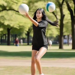 A 19-year-old girl with long, black hair playing volleyball in a park