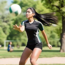 A 19-year-old girl with long, black hair playing volleyball in a park