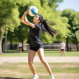 A 19-year-old girl with long, black hair playing volleyball in a park