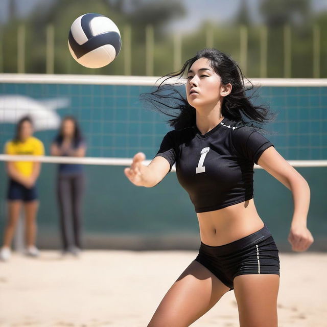 A 19-year-old girl with long, black hair playing volleyball on a court