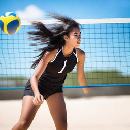 A 19-year-old girl with long, black hair playing volleyball on a court