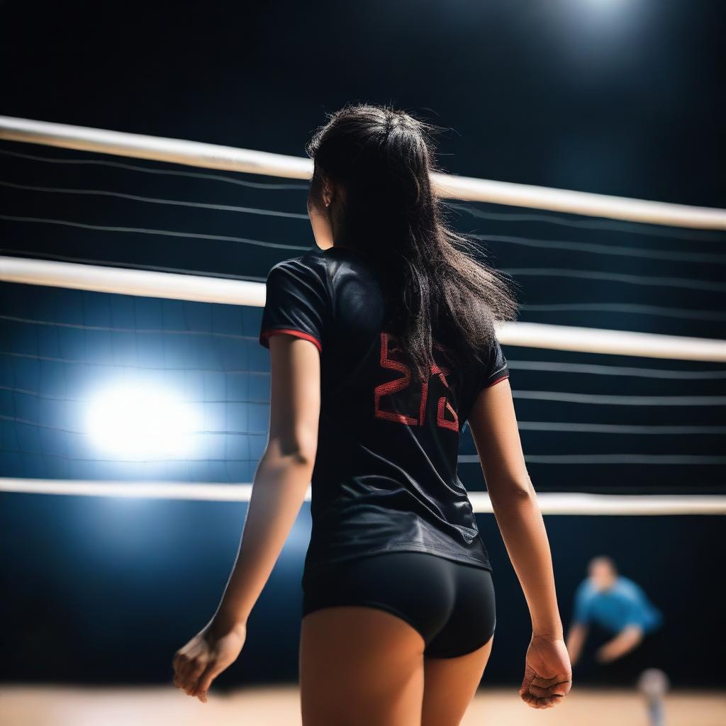 A 19-year-old girl with long, black hair playing volleyball on a court in the dark, viewed from the back