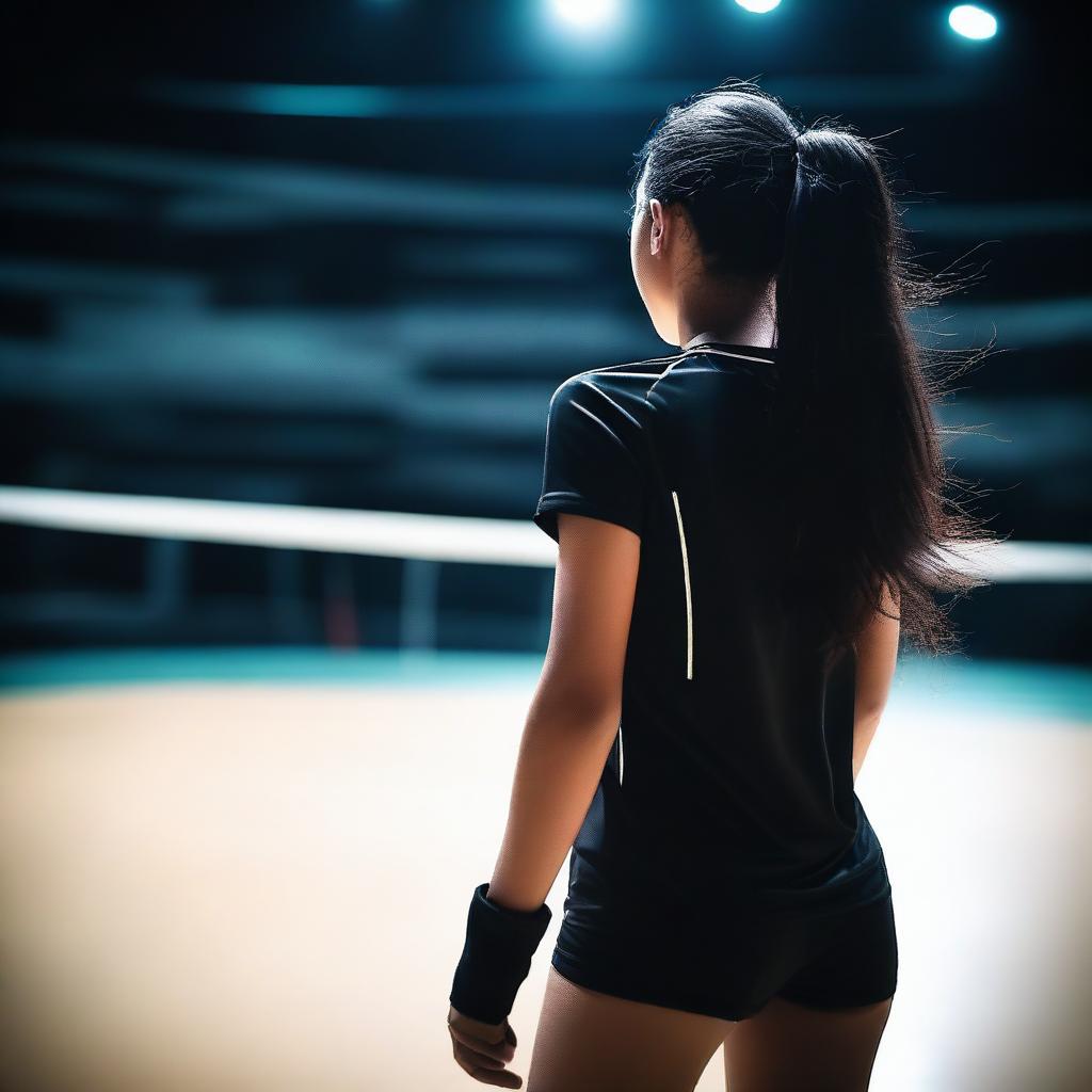 A 19-year-old girl with long, black hair playing volleyball on a court in the dark, viewed from the back