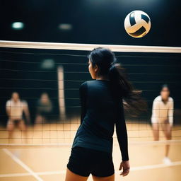 A 19-year-old girl with long, black hair playing volleyball on a court in the dark, viewed from the back