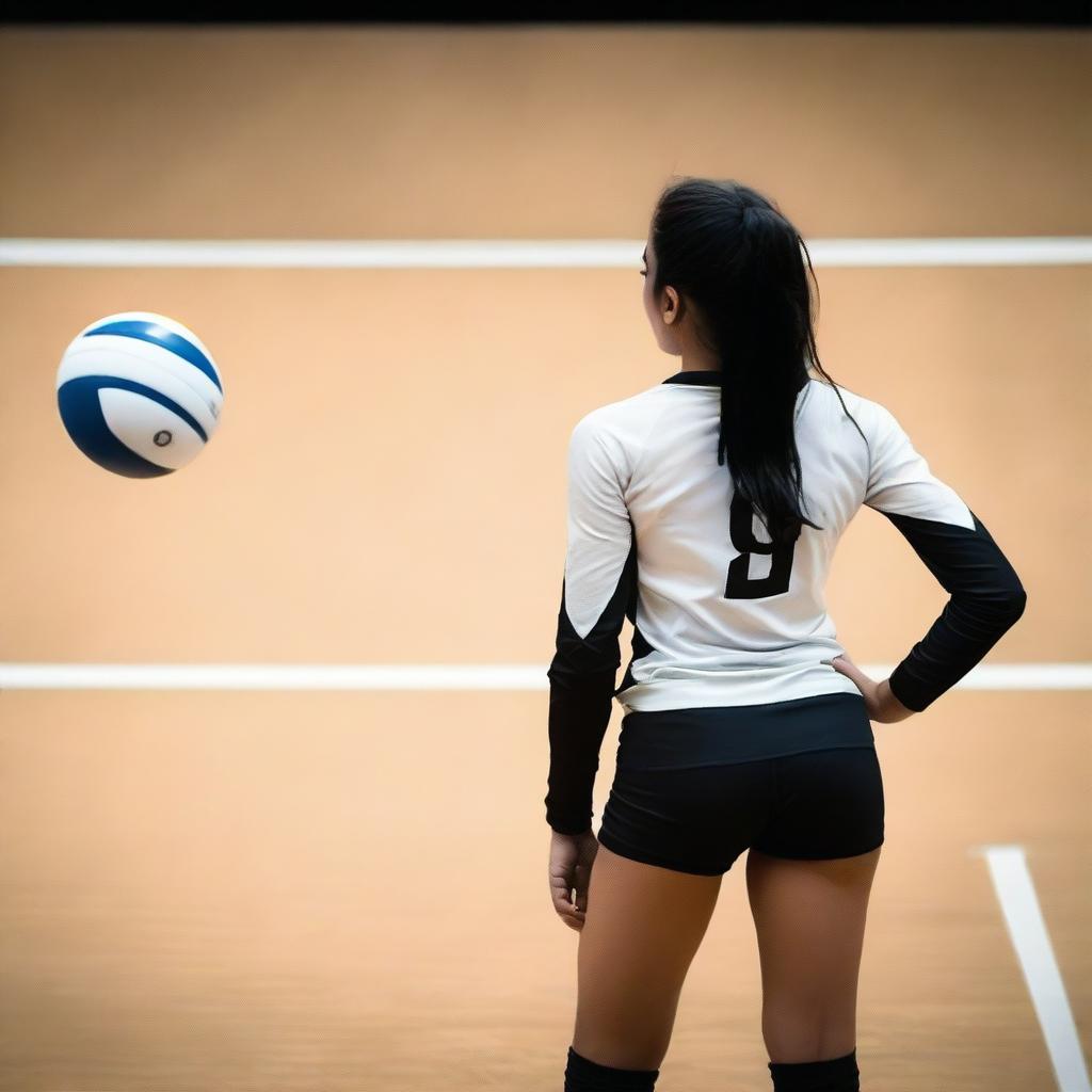 A 19-year-old Mexican girl with long, black hair playing volleyball, viewed from the back