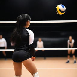 A 19-year-old Mexican girl with long, black hair playing volleyball, viewed from the back