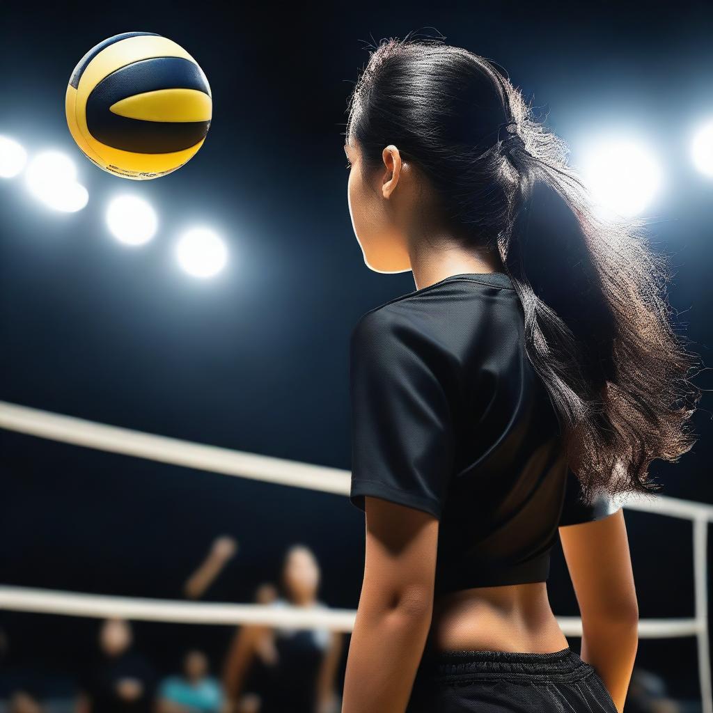 A 19-year-old Mexican girl with long, black hair playing volleyball on a dimly lit court, viewed from the back