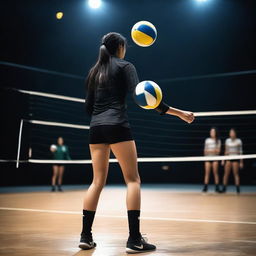 A 19-year-old Mexican girl with long, black hair playing volleyball on a dimly lit court, viewed from the back