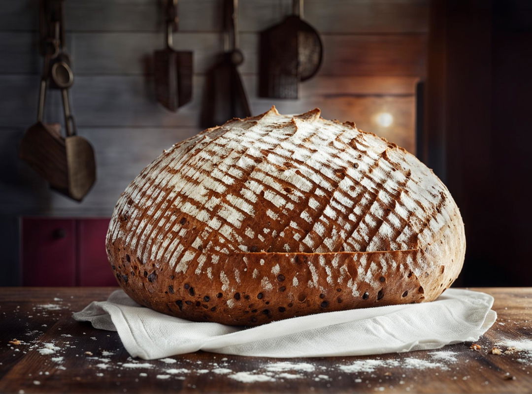 A freshly baked golden brown bread loaf with a crisp crust and soft interior on a rustic wooden table in a cozy kitchen setting with warm lighting