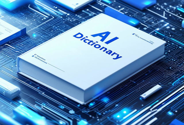 Create a futuristic and beautiful book cover for a dictionary titled 'AI Dictionary', with sleek design elements, soft blues, whites, metallic accents, and intricate digital patterns