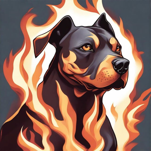 A Dungeons & Dragons style illustration of a pit bull and Labrador mix dog made out of flames