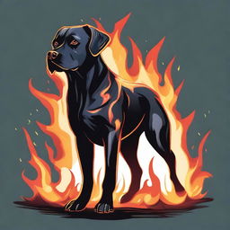 A Dungeons & Dragons style illustration of a black Labrador Retriever and pit bull mix dog made out of flames