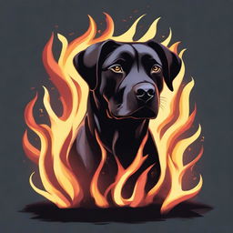 A Dungeons & Dragons style illustration of a black Labrador Retriever and pit bull mix dog made out of flames