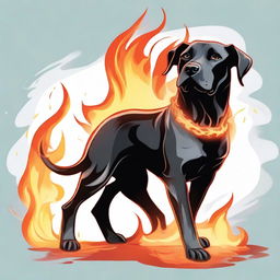 A Dungeons & Dragons style illustration of a black Labrador Retriever and pit bull mix dog made out of flames