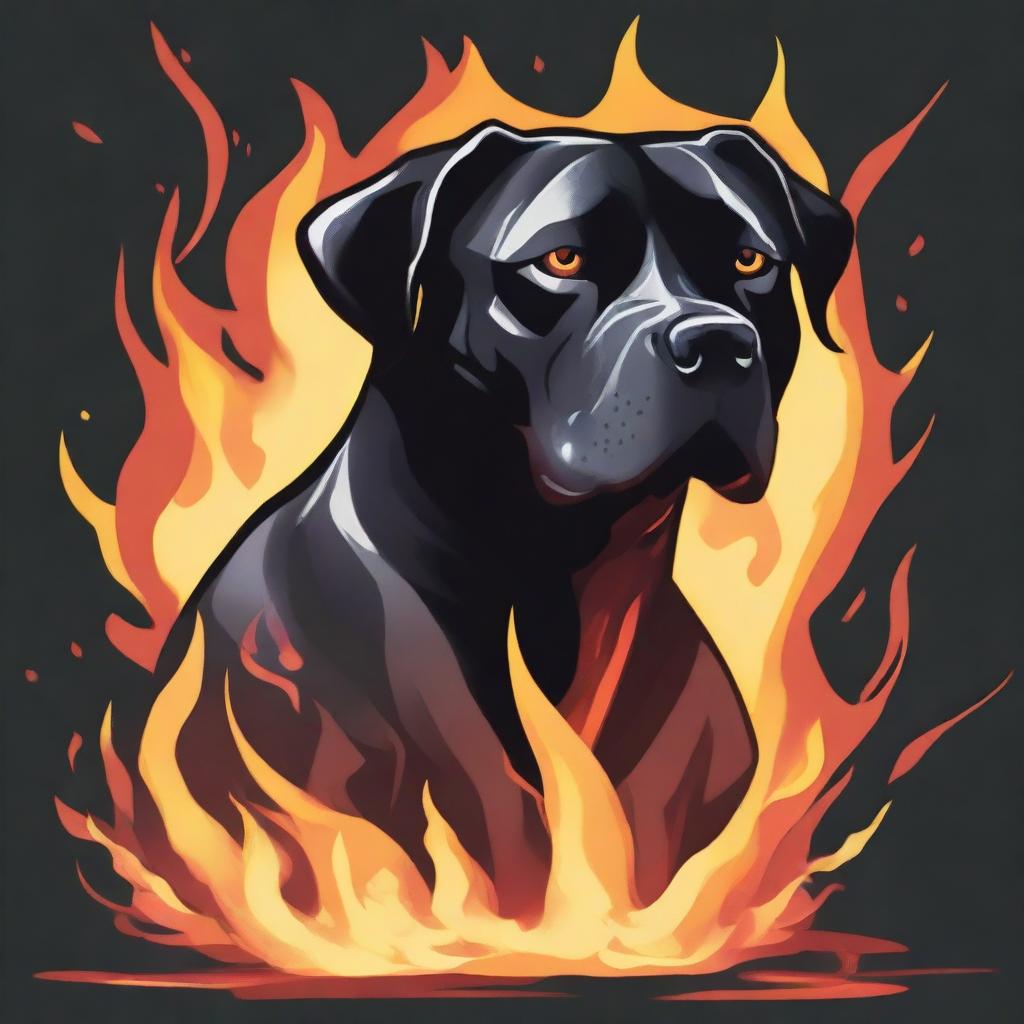 A Dungeons & Dragons style illustration of a black Bullador (a mix between a Labrador Retriever and a pit bull) made out of flames