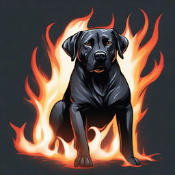 A Dungeons & Dragons style illustration of a black Bullador (a mix between a Labrador Retriever and a pit bull) made out of flames