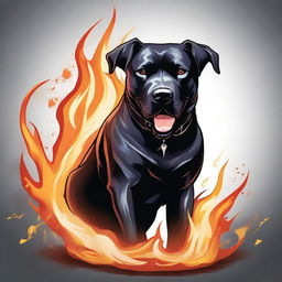 A Dungeons & Dragons style illustration of a black Bullador (a mix between a Labrador Retriever and a pit bull) made out of flames