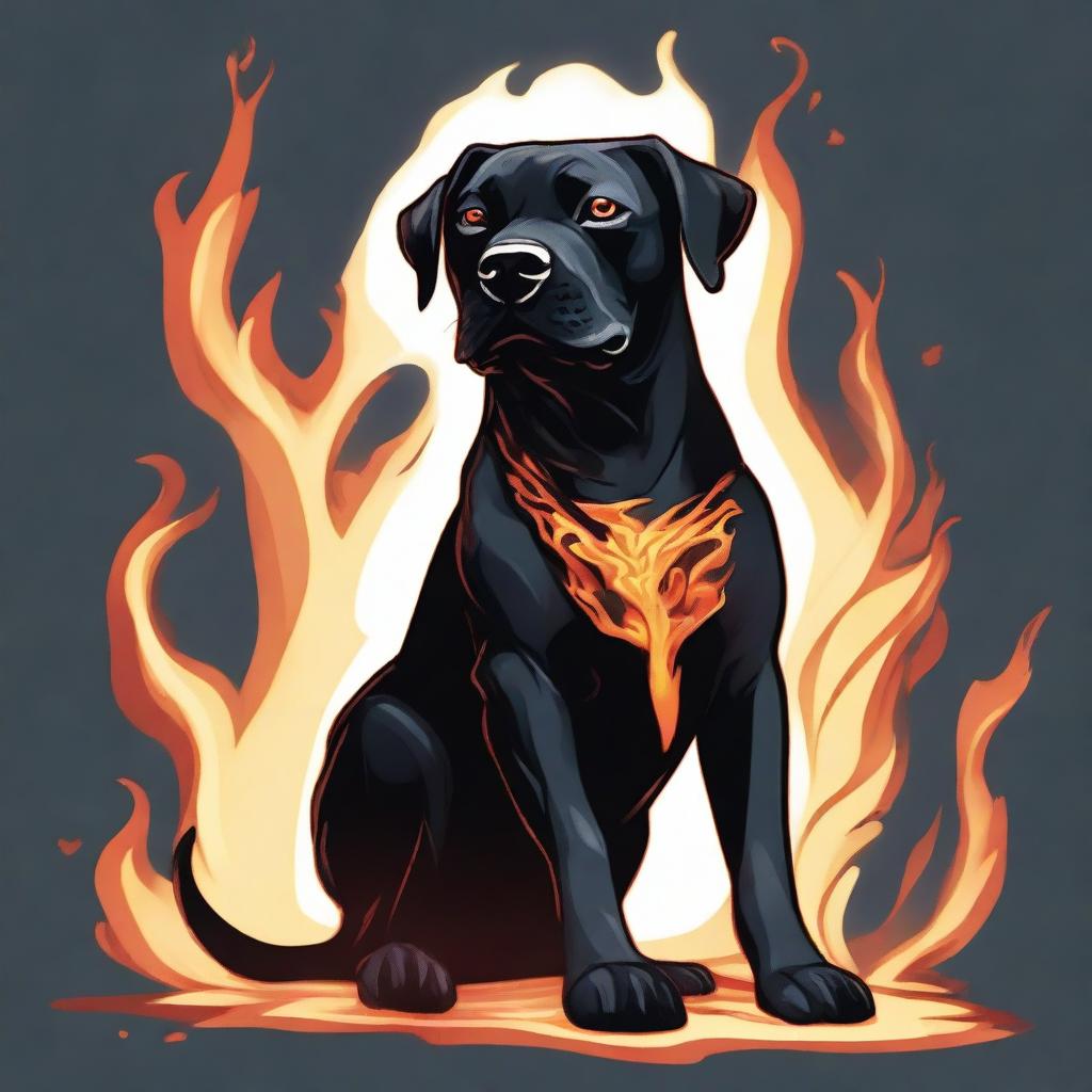 A Dungeons & Dragons style illustration of a black Labrabull (a mix between a Labrador Retriever and a pit bull) made out of flames