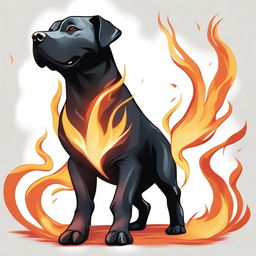 A Dungeons & Dragons style illustration of a black Labrabull (a mix between a Labrador Retriever and a pit bull) made out of flames