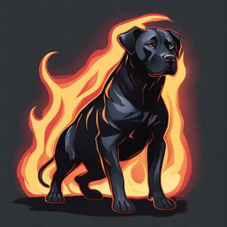 A Dungeons & Dragons style illustration of a black Labrabull (a mix between a Labrador Retriever and a pit bull) made out of flames