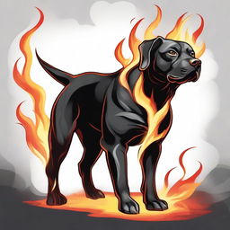 A Dungeons & Dragons style illustration of a black Labrabull (a mix between a Labrador Retriever and a pit bull) made out of flames