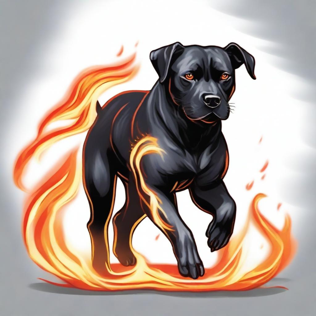 A Dungeons & Dragons style illustration of a black Labrabull (a mix between a Labrador Retriever and a pit bull) flame spirit