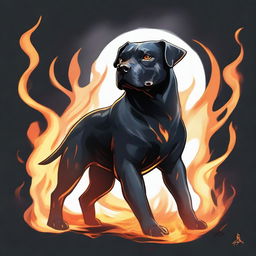 A Dungeons & Dragons style illustration of a black Labrabull (a mix between a Labrador Retriever and a pit bull) flame spirit