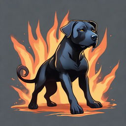 A Dungeons & Dragons style illustration of a black Labrabull (a mix between a Labrador Retriever and a pit bull) flame spirit