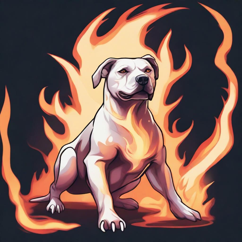 A Dungeons & Dragons style illustration of a flame spirit shaped like a Labrabull (a mix between a Labrador Retriever and a pit bull)