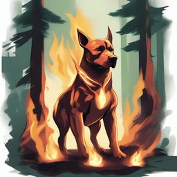 A Dungeons & Dragons style illustration of a flame spirit shaped like a Labrabull (a mix between a Labrador Retriever and a pit bull) in a forest on fire