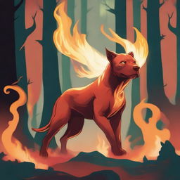 A Dungeons & Dragons style illustration of a flame spirit shaped like a Labrabull (a mix between a Labrador Retriever and a pit bull) in a forest on fire