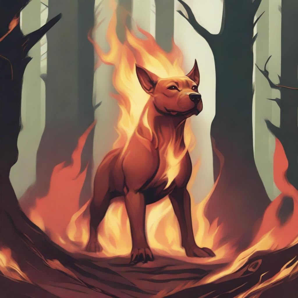 A Dungeons & Dragons style illustration of a flame spirit shaped like a Labrabull (a mix between a Labrador Retriever and a pit bull) in a forest on fire