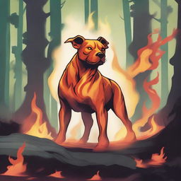 A Dungeons & Dragons style illustration of a flame spirit shaped like a Labrabull (a mix between a Labrador Retriever and a pit bull) in a forest on fire