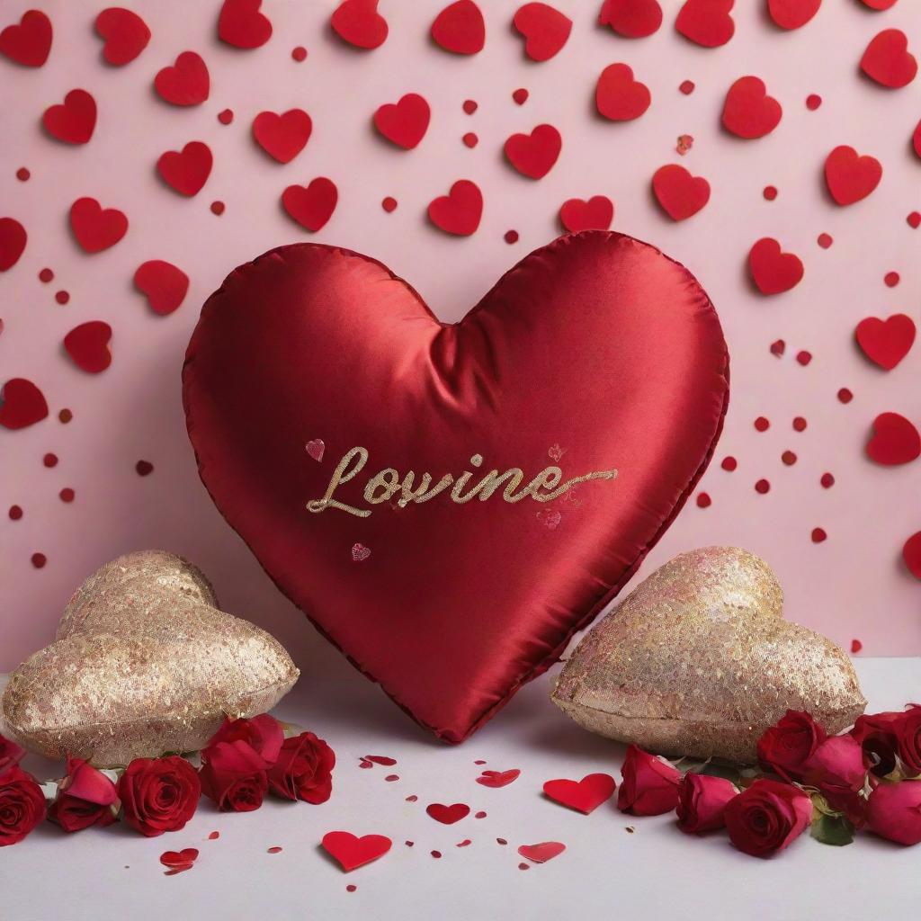 A website banner featuring an array of personalized gifting products such as heart-shaped cushions, engraved jewellery, custom love letters, scattered amidst a backdrop of red roses, decorative hearts and confetti, projecting the spirit of Valentine's Day.