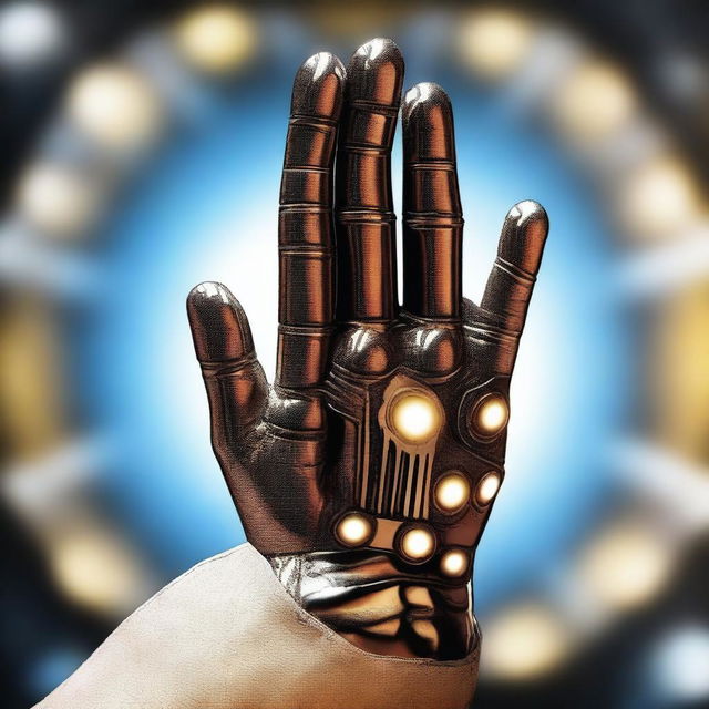 A detailed image of a finger inside a high-tech glove reaching out to touch the hand of God, reminiscent of Michelangelo's 'The Creation of Adam