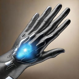 A detailed image of a finger inside a high-tech glove reaching out to touch the hand of God, reminiscent of Michelangelo's 'The Creation of Adam