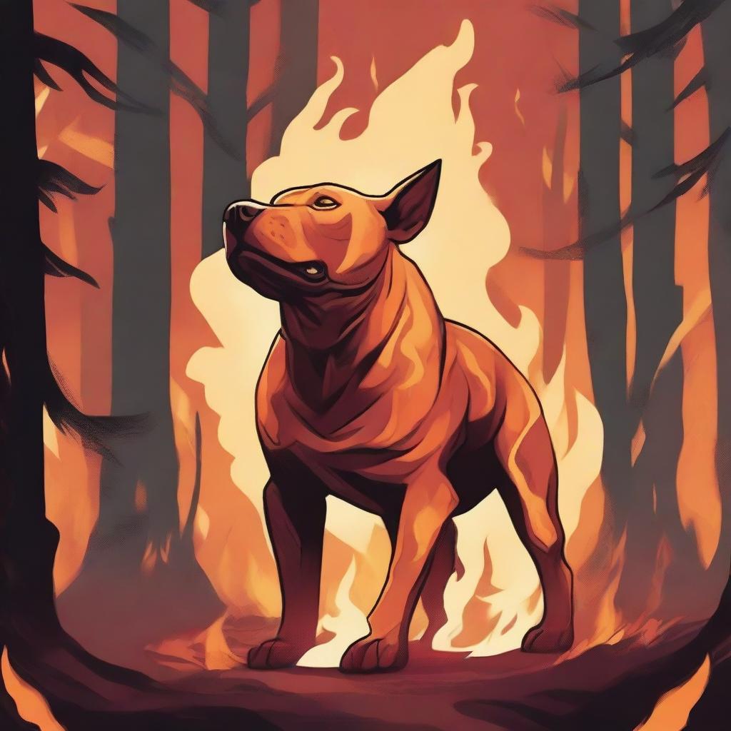 A Dungeons & Dragons style illustration of a flame spirit shaped like a Labrador Pit bull mix in a forest on fire