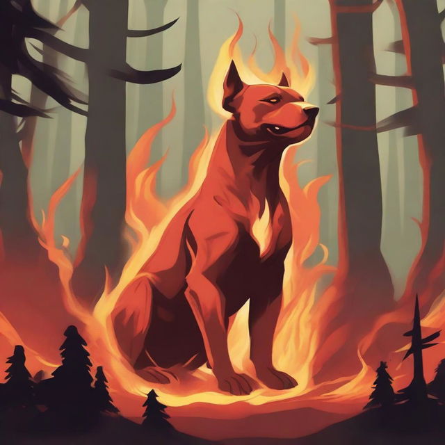 A Dungeons & Dragons style illustration of a flame spirit shaped like a Labrador Pit bull mix in a forest on fire