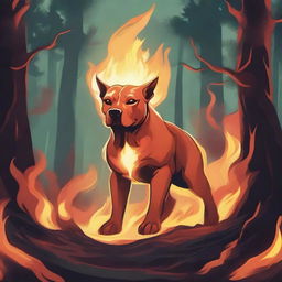 A Dungeons & Dragons style illustration of a flame spirit shaped like a Labrador Pit bull mix in a forest on fire