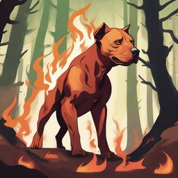 A Dungeons & Dragons style illustration of a flame spirit shaped like a Labrador Pit bull mix in a forest on fire