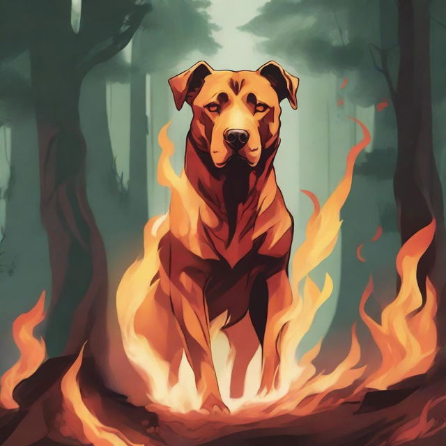 A Dungeons & Dragons style illustration of a flame spirit shaped like a Labrador Retriever and Pit bull mix in a forest on fire