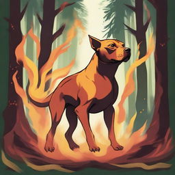 A Dungeons & Dragons style illustration of a flame spirit shaped like a Labrador Retriever and Pit bull mix in a forest on fire