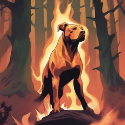 A Dungeons & Dragons style illustration of a flame spirit shaped like a Labrador Retriever and Pit bull mix in a forest on fire