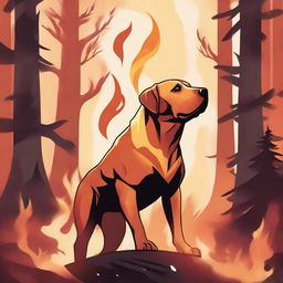 A Dungeons & Dragons style illustration of a flame spirit shaped like a Labrador Retriever and Pit bull mix in a forest on fire