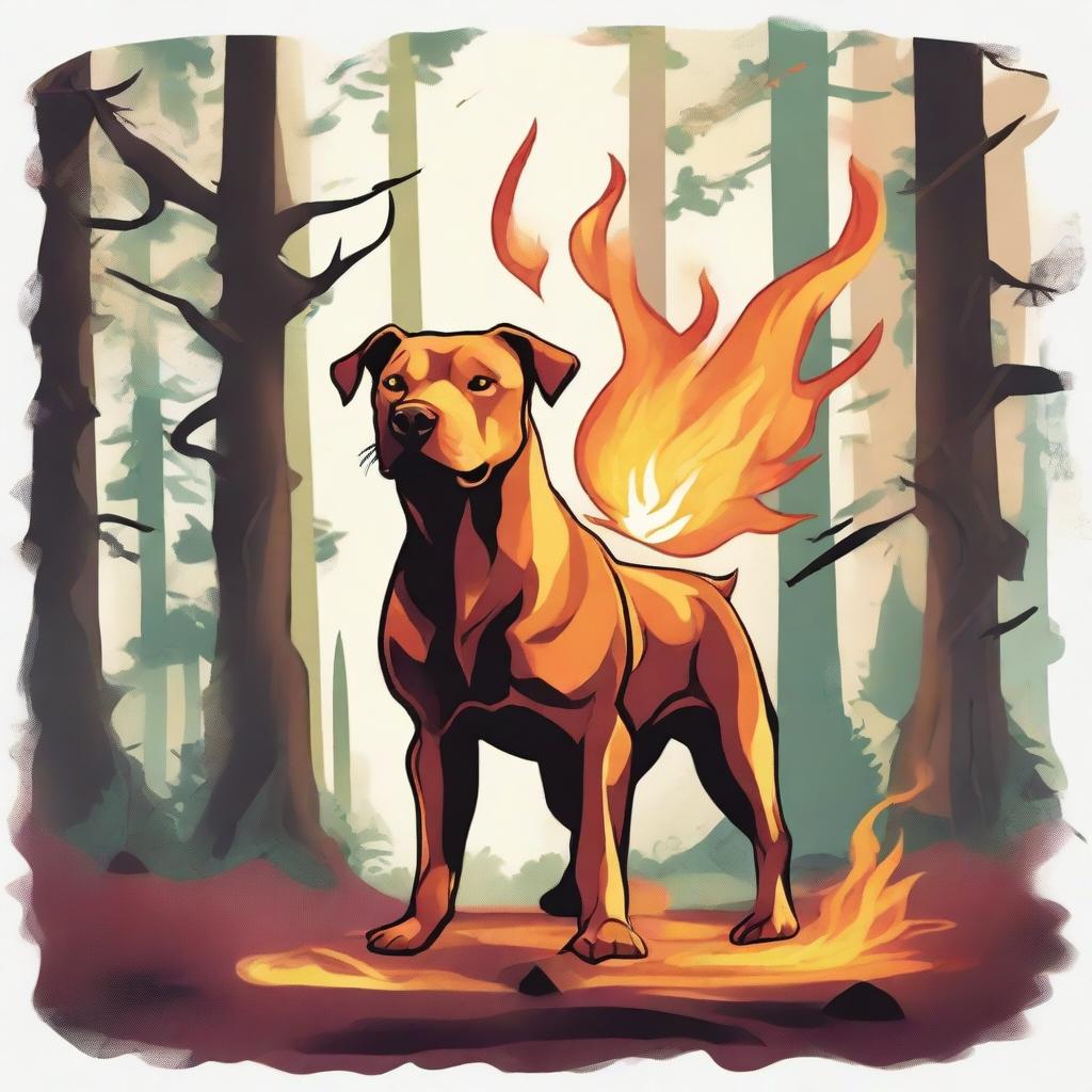 A Dungeons & Dragons style illustration of a flame spirit shaped like a Labrador Retriever and mini Pit bull mix in a forest on fire