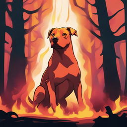 A Dungeons & Dragons style illustration of a flame spirit shaped like a Labrador Retriever and mini Pit bull mix in a forest on fire