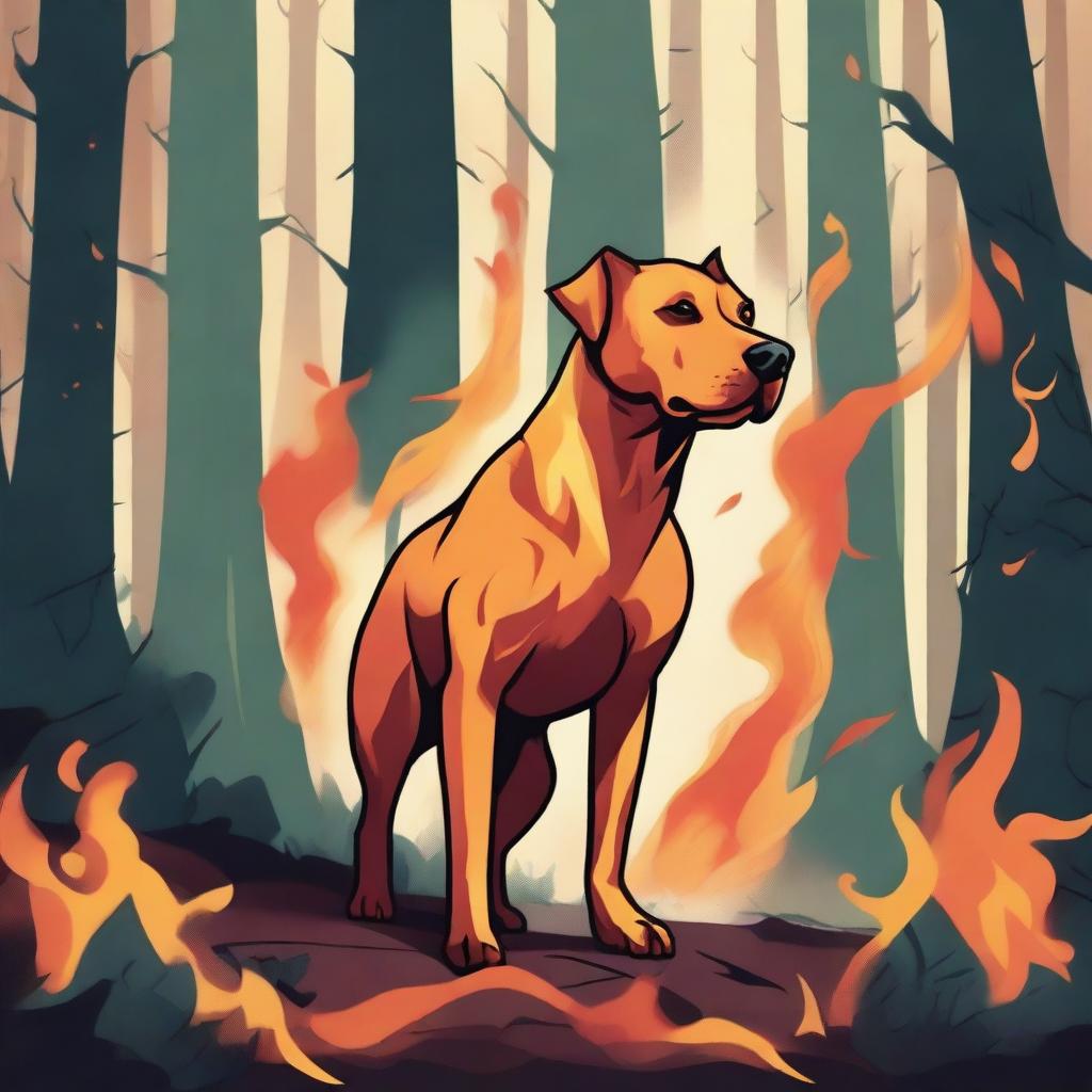 A Dungeons & Dragons style illustration of a flame spirit shaped like a Labrador Retriever and mini Pit bull mix in a forest on fire