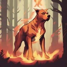 A Dungeons & Dragons style illustration of a flame spirit shaped like a Labrador Retriever and mini Pit bull mix in a forest on fire