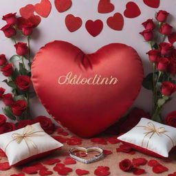 A website banner featuring an array of personalized gifting products such as heart-shaped cushions, engraved jewellery, custom love letters, scattered amidst a backdrop of red roses, decorative hearts and confetti, projecting the spirit of Valentine's Day.